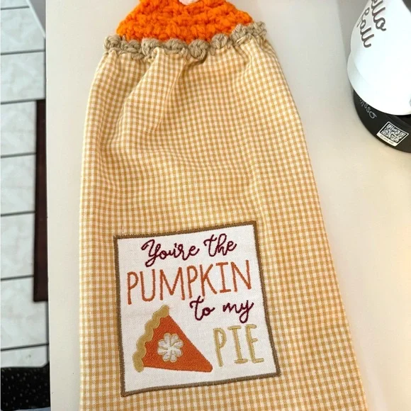 Handmade Crochet Top Kitchen Towel [ Fall Pumpkin Pie Gingham] - Picture 2 of 5